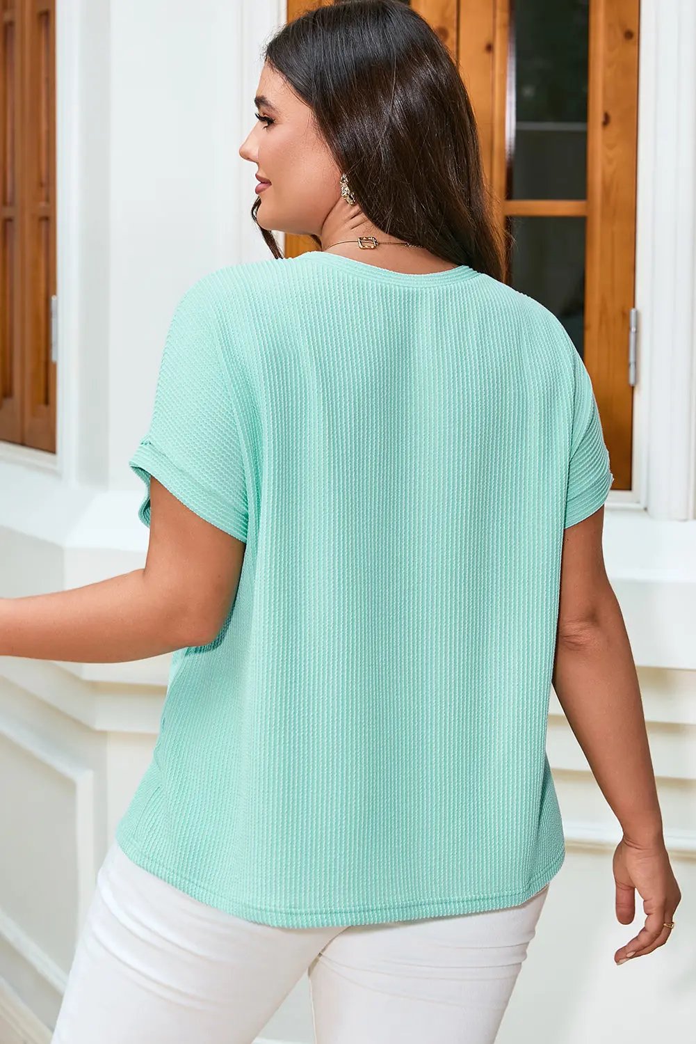 Light Blue Twisted Rib Contrast Pocket Knit Crew Neck Plus Size T Shirt Love Salve